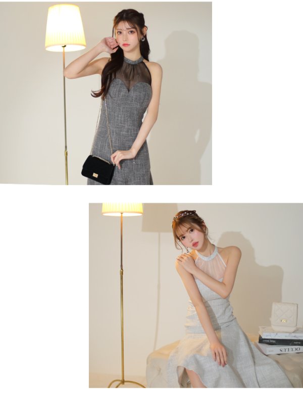 画像10: Lサイズあり【DEA./ディア】ラメツイード/ オーガンジー/ ハイネック/ ノースリーブ/ 膝丈/ アシンメトリー/ ワンピース/ ミディアムドレス/ キャバドレス【OF08】 (10)