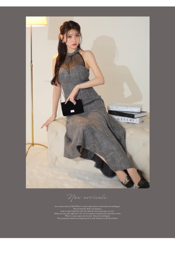 画像11: Lサイズあり【DEA./ディア】ラメツイード/ オーガンジー/ ハイネック/ ノースリーブ/ 膝丈/ アシンメトリー/ ワンピース/ ミディアムドレス/ キャバドレス【OF08】 (11)