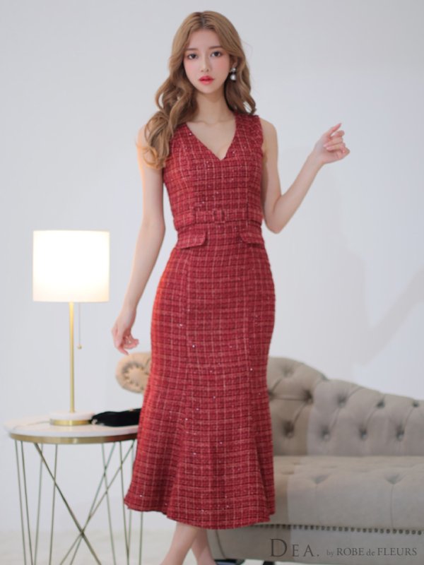 画像2: Lサイズあり【DEA./ディア】マーメイド/ ラメツイード/ ワンカラー/ ウエストベルト/ ワンピース/ ロングドレス/ キャバドレス long[OF08] (2)