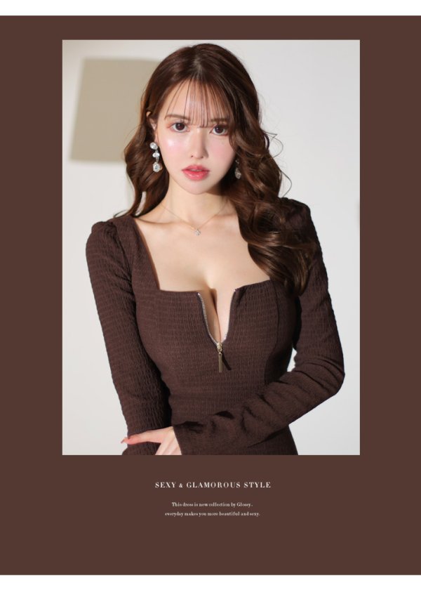 画像39: Lサイズあり【Glossy/グロッシー】フロントジップ/ ロングスリーブ/ 袖あり/ ワッフル/ ワンカラー/ ストレッチ/ タイト/ ミニドレス/ キャバドレス[OF2] (39)