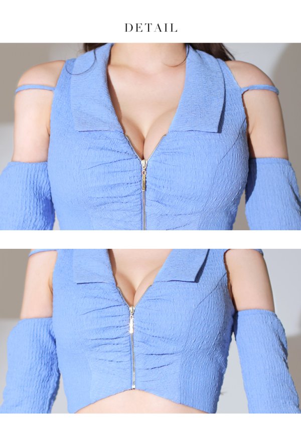 画像30: XSサイズあり【Glossy/グロッシー】フロントジッパー/ オフショル/ ロングスリーブ/ 袖あり/ ワンカラー/ 台形スカート/ セットアップ/ ミニドレス/ キャバドレス[OF08] (30)