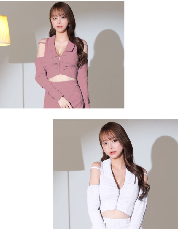 画像11: XSサイズあり【Glossy/グロッシー】フロントジッパー/ オフショル/ ロングスリーブ/ 袖あり/ ワンカラー/ 台形スカート/ セットアップ/ ミニドレス/ キャバドレス[OF08] (11)
