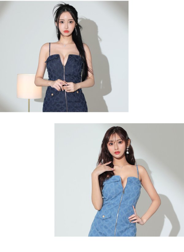 画像10: XSサイズあり【Glossy/グロッシー】センタージップ/ デニム/ セットアップ/ キャミソール/ タイト/ ミニドレス/ キャバドレス[OF08] (10)