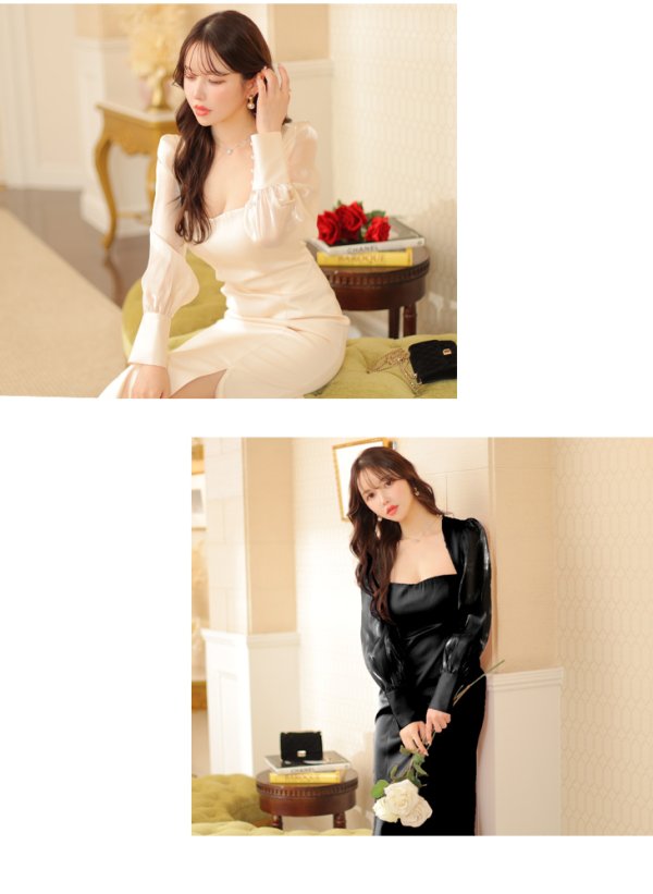 画像20: Lサイズあり【DEA./ディア】マーメイド/ オーガンジースリーブ/ スクエアネック/ サマー/ サテン/ ワンピース/ ロングドレス/ キャバドレス long[OF08] (20)