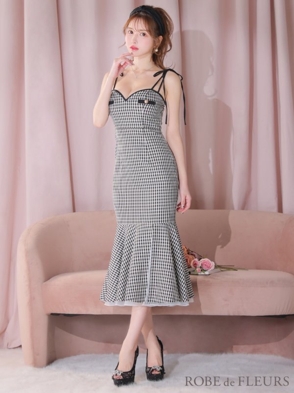 画像8: 【ROBE de FLEURS/ローブドフルール】ショルダーリボン/ ギンガムチェック/ マーメイド/ ミディアムドレス/ キャバドレス[OF08] (8)