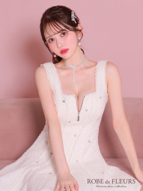 画像7: XSサイズあり【ROBE de FLEURS/ローブドフルール】シンプル/  ツイード/ バストジッパー/ フレア/ ミニドレス/ キャバドレス[OF08] (7)