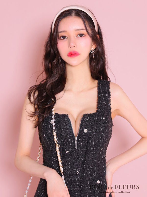 画像10: XSサイズあり【ROBE de FLEURS/ローブドフルール】シンプル/  ツイード/ バストジッパー/ フレア/ ミニドレス/ キャバドレス[OF08] (10)