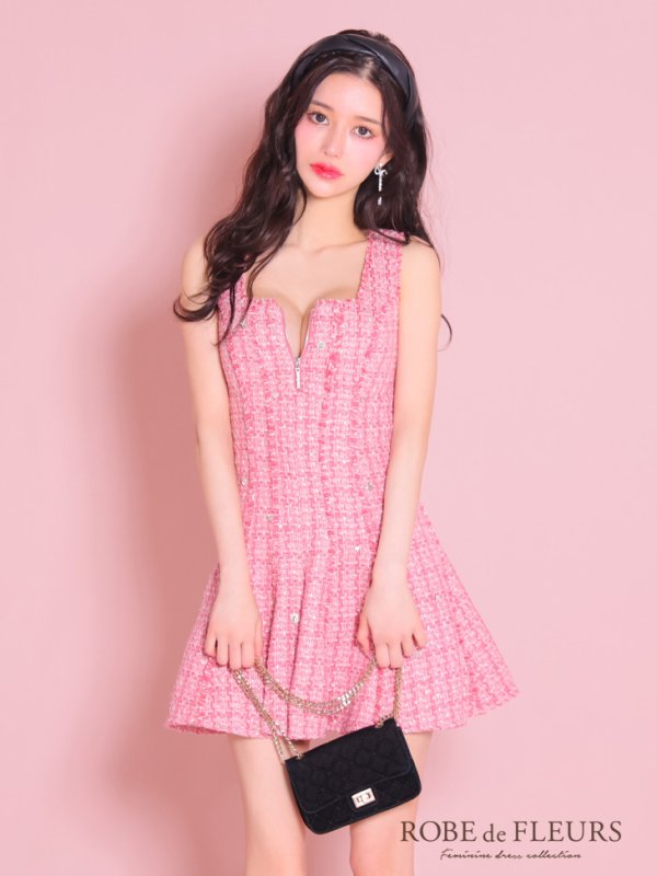 画像12: XSサイズあり【ROBE de FLEURS/ローブドフルール】シンプル/  ツイード/ バストジッパー/ フレア/ ミニドレス/ キャバドレス[OF08] (12)