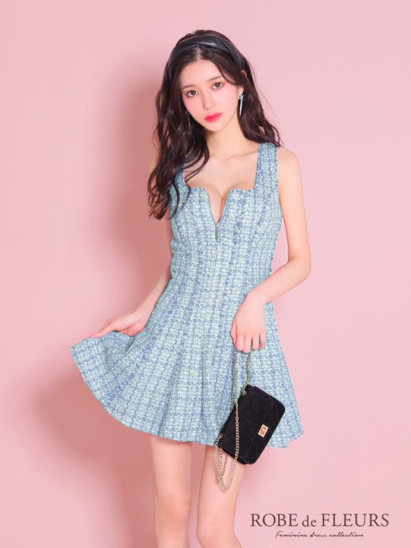 画像13: XSサイズあり【ROBE de FLEURS/ローブドフルール】シンプル/  ツイード/ バストジッパー/ フレア/ ミニドレス/ キャバドレス[OF08] (13)