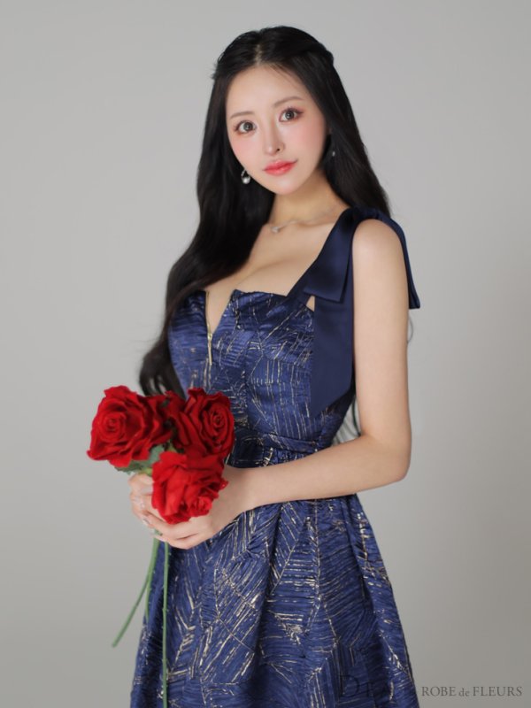 画像27: Lサイズあり【DEA./ディア】ジャガード/ フレア/ サテンリボン/ ミモレ丈/ ミディアムドレス/ キャバドレス【OF08】 (27)