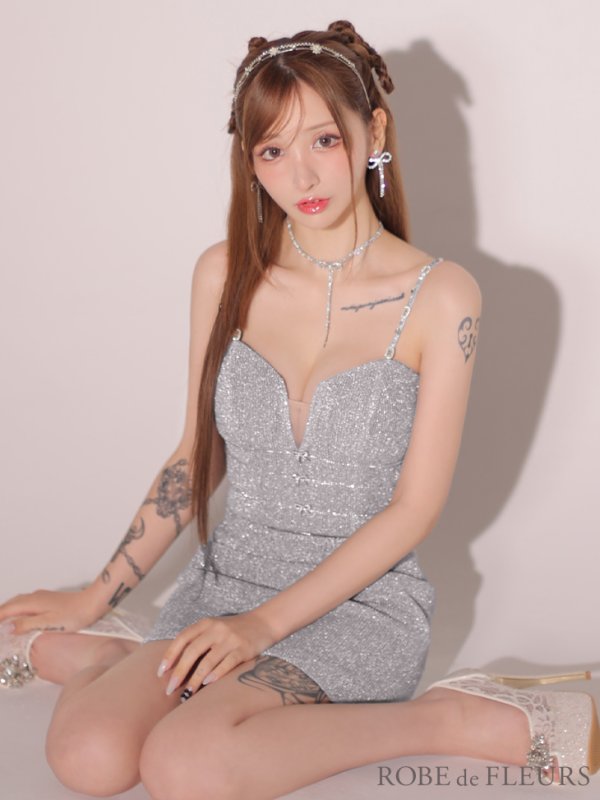 画像6: XSサイズあり【ROBE de FLEURS/ローブドフルール】スパークルラメニット/ ミニリボン/ タイト/ ミニドレス/ キャバドレス[OF08] (6)