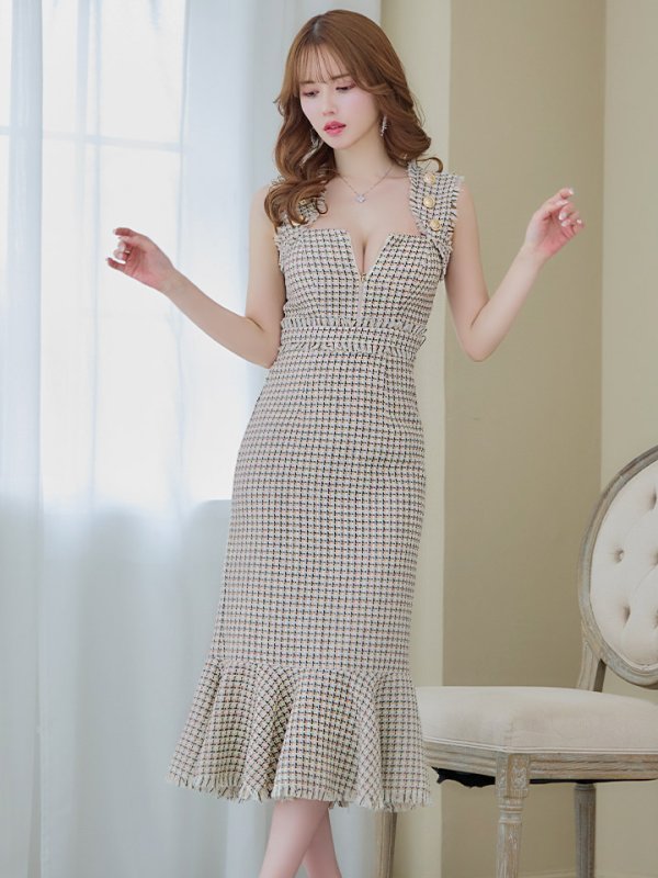 画像8: Lサイズあり【DEA./ディア】スプリングツイード/ マーメイド/ フリル/ ゴールドボタン/ ジップ/ ミモレ丈/ ワンピース/ キャバドレス【OF08】 (8)