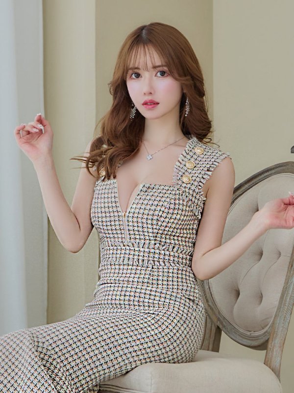 画像10: Lサイズあり【DEA./ディア】スプリングツイード/ マーメイド/ フリル/ ゴールドボタン/ ジップ/ ミモレ丈/ ワンピース/ キャバドレス【OF08】 (10)