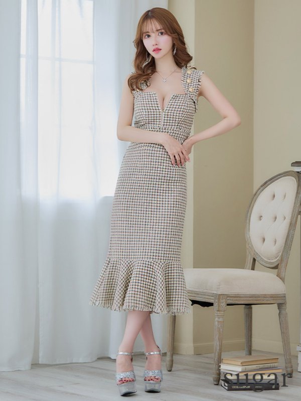 画像13: Lサイズあり【DEA./ディア】スプリングツイード/ マーメイド/ フリル/ ゴールドボタン/ ジップ/ ミモレ丈/ ワンピース/ キャバドレス【OF08】 (13)