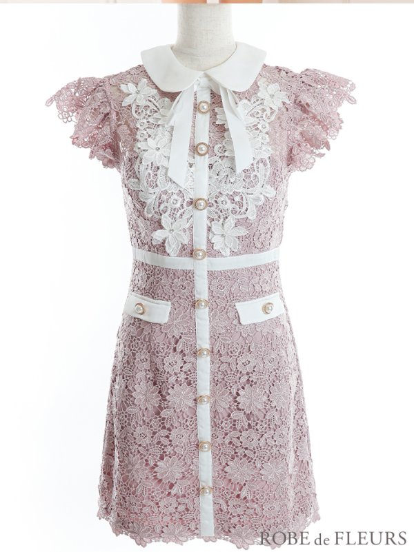 画像33: XSサイズあり【ROBE de FLEURS/ローブドフルール】襟付きリボン/ フラワーレース/ タイト/ ショートスリーブ/ ミニドレス/ キャバドレス[OF08] (33)