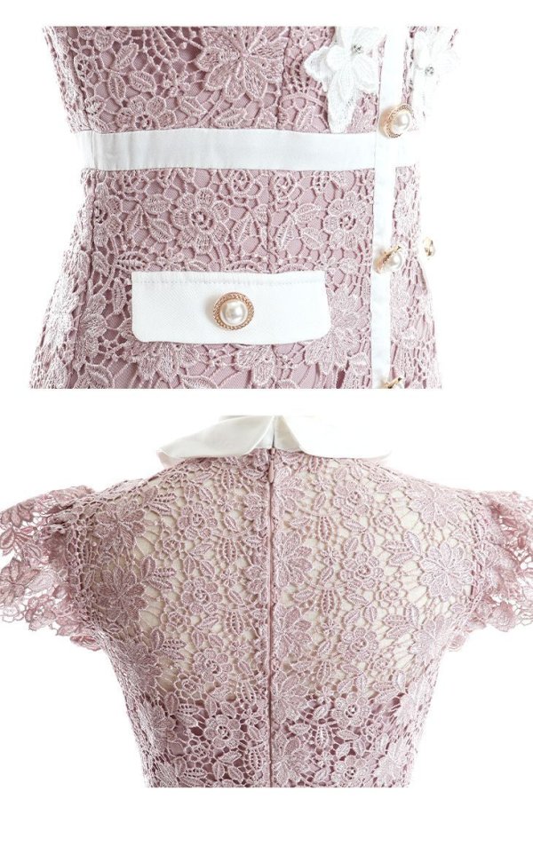 画像35: XSサイズあり【ROBE de FLEURS/ローブドフルール】襟付きリボン/ フラワーレース/ タイト/ ショートスリーブ/ ミニドレス/ キャバドレス[OF08] (35)