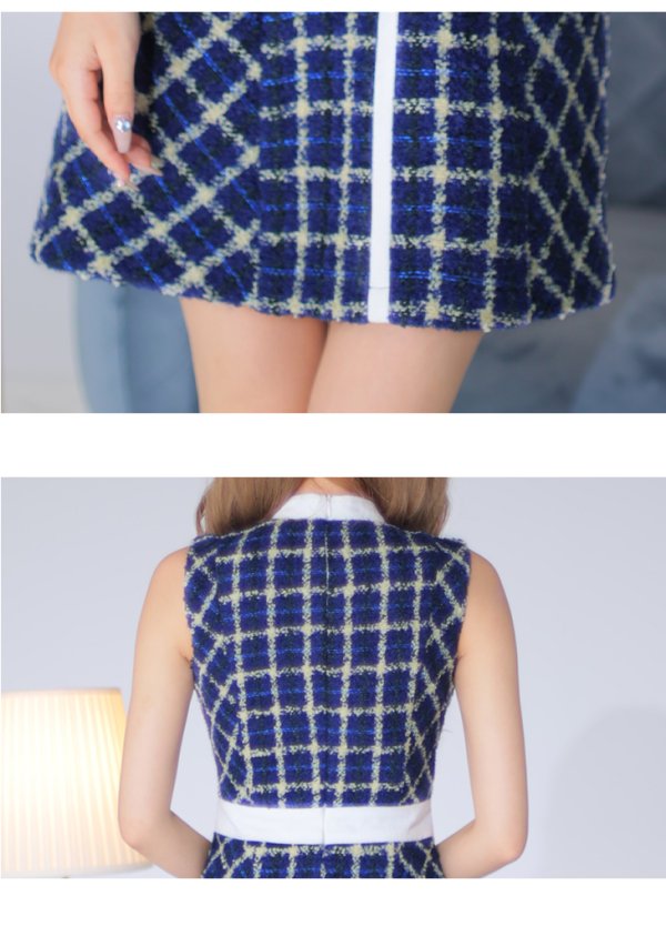 画像14: Lサイズあり【DEA./ディア】ツイード/ チェック/ ジップ/ 谷間魅せ/ Aライン/ ワンピース/ ミニドレス/ フレア/ キャバドレス【OF08】 (14)