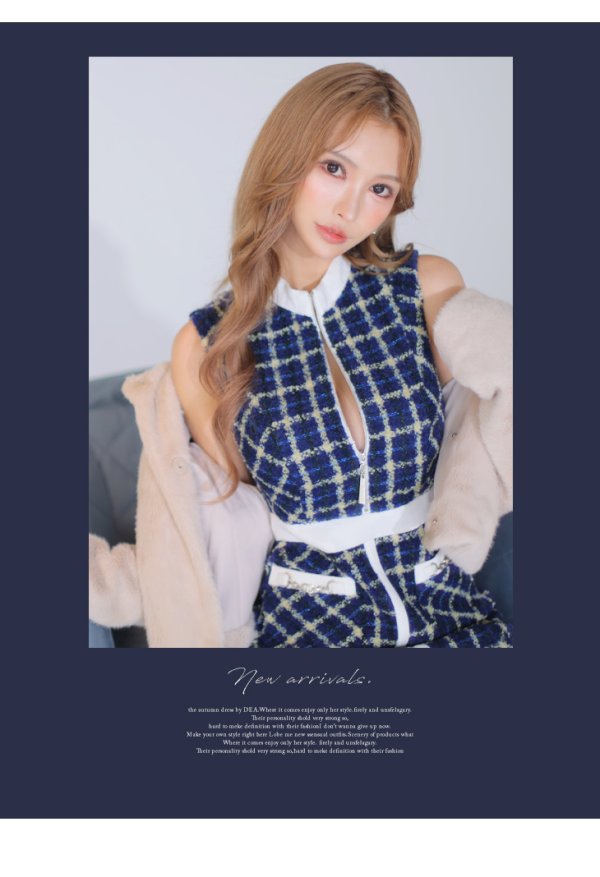 画像11: Lサイズあり【DEA./ディア】ツイード/ チェック/ ジップ/ 谷間魅せ/ Aライン/ ワンピース/ ミニドレス/ フレア/ キャバドレス【OF08】 (11)