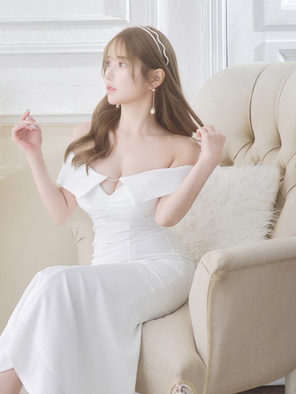 画像6: Lサイズあり【DEA./ディア】ワンカラー/ リブニット/ マーメイド/ オフショル/ ストレッチ/ ロングドレス/ キャバドレス long[OF08] (6)