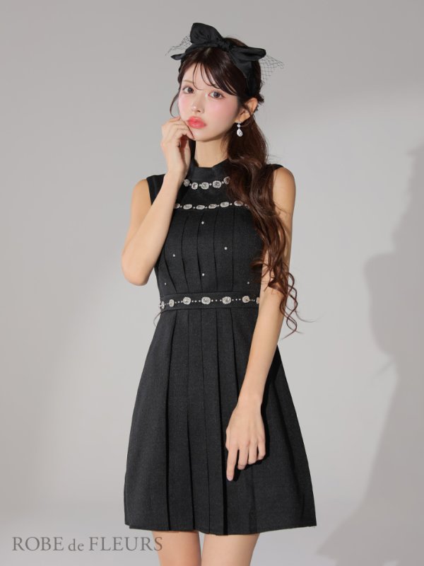 画像8: XSサイズあり【ROBE de FLEURS/ローブドフルール】スプリングツイード/ ビジュー/ ノースリーブ/ フレア/ ミニドレス/ キャバドレス[OF2]【一部予約商品/7月下旬発送予定】 (8)