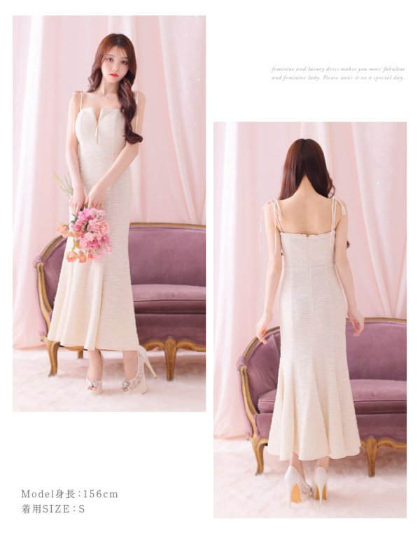 画像9: Lサイズあり【DEA./ディア】肩紐リボン/ ニットツイード/ マーメイド/ ミディアムドレス/ キャバドレス【OF08】 (9)