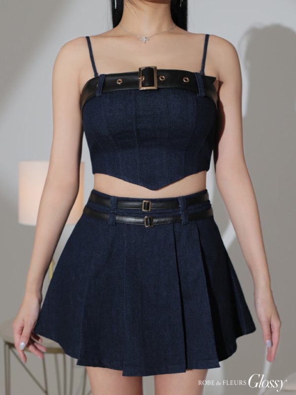 画像24: XSサイズあり【Glossy/グロッシー】ハンサムダブルベルト/ セットアップ/ ベア/ キャミ/ 2way/ プリーツ/ フレア/ ミニドレス/ キャバドレス[OF08] (24)