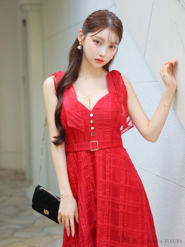 画像43: XS-Lサイズあり【DEA./ディア】肩リボン/ チェック柄/ オーガンジー/ フレア/ ロング/ キャミ/ ミディアムドレス/ キャバドレス[OF08] (43)