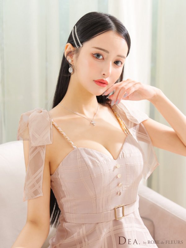 画像16: XS-Lサイズあり【DEA./ディア】肩リボン/ チェック柄/ オーガンジー/ フレア/ ロング/ キャミ/ ミディアムドレス/ キャバドレス[OF08] (16)