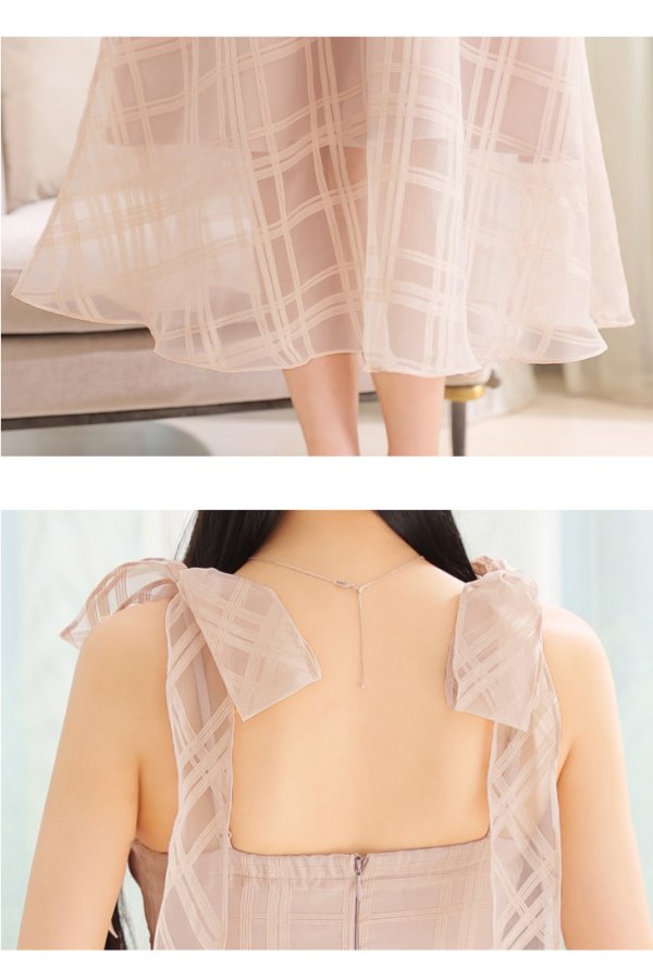 画像46: XS-Lサイズあり【DEA./ディア】肩リボン/ チェック柄/ オーガンジー/ フレア/ ロング/ キャミ/ ミディアムドレス/ キャバドレス[OF08] (46)