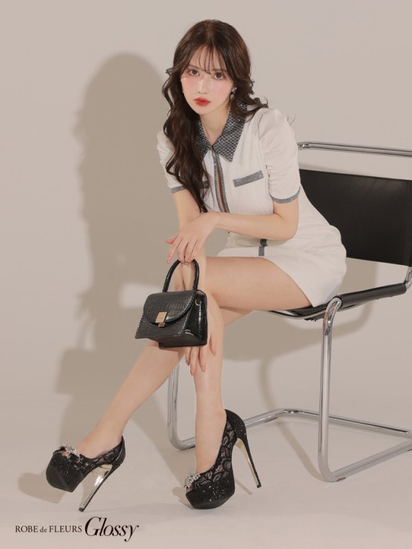 画像4: XSサイズあり【Glossy/グロッシー】襟付き/ 半袖/ ラメニット/ パイピング/ マニッシュ/ フレア/ ミニドレス/ キャバドレス[OF2] (4)