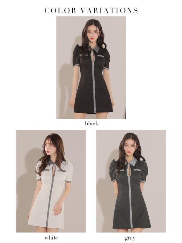 画像30: XSサイズあり【Glossy/グロッシー】襟付き/ 半袖/ ラメニット/ パイピング/ マニッシュ/ フレア/ ミニドレス/ キャバドレス[OF2] (30)