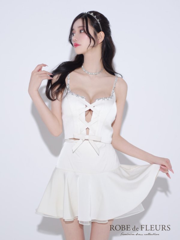 画像5: XSサイズあり【ROBE de FLEURS/ローブドフルール】センターリボン/ 2way/ フレア/ セットアップ/ ミニドレス/ キャバドレス[OF08] (5)