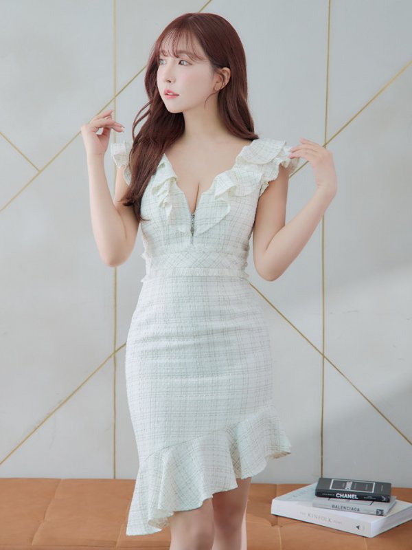 画像12: 【an/アン】フリル/ ツイード / フロントジップ/ アシメスカート/ タイト/ ミニドレス/ キャバドレス[OF05] (12)