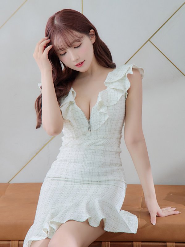 画像13: 【an/アン】フリル/ ツイード / フロントジップ/ アシメスカート/ タイト/ ミニドレス/ キャバドレス[OF05] (13)