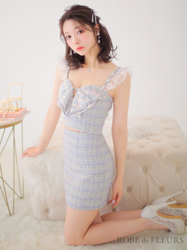 画像2: XSサイズあり【ROBE de FLEURS/ローブドフルール】セットアップ/ラメツイード/ スパンコール/ フリル/ タイト/ ミニドレス/ キャバドレス[OF08] (2)