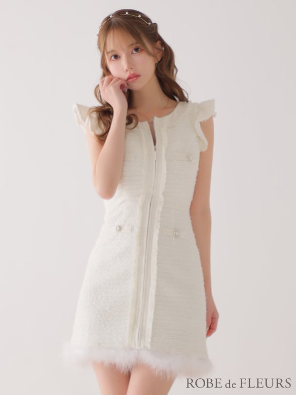画像7: XSサイズあり【ROBE de FLEURS/ローブドフルール】ラメツイード/ クラシカル/ フリルショルダー/ ノースリーブ/ Aライン/ ミニドレス/ キャバドレス[裾のファー取り外し可能］[OF08] (7)