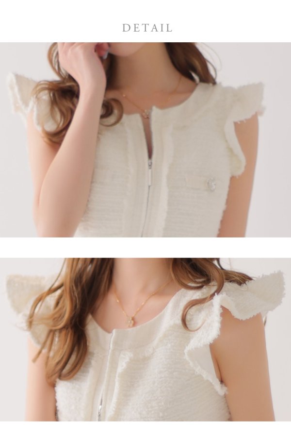 画像13: XSサイズあり【ROBE de FLEURS/ローブドフルール】ラメツイード/ クラシカル/ フリルショルダー/ ノースリーブ/ Aライン/ ミニドレス/ キャバドレス[裾のファー取り外し可能］[OF08] (13)