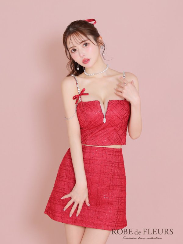 画像14: XSサイズあり【ROBE de FLEURS/ローブドフルール】スパンコール/ 刺繍レース/ フロントジップ/ キャミソール/ ショルダービジュー/ 台形スカート/ セットアップ/ ミニドレス/ キャバドレス[OF08] (14)