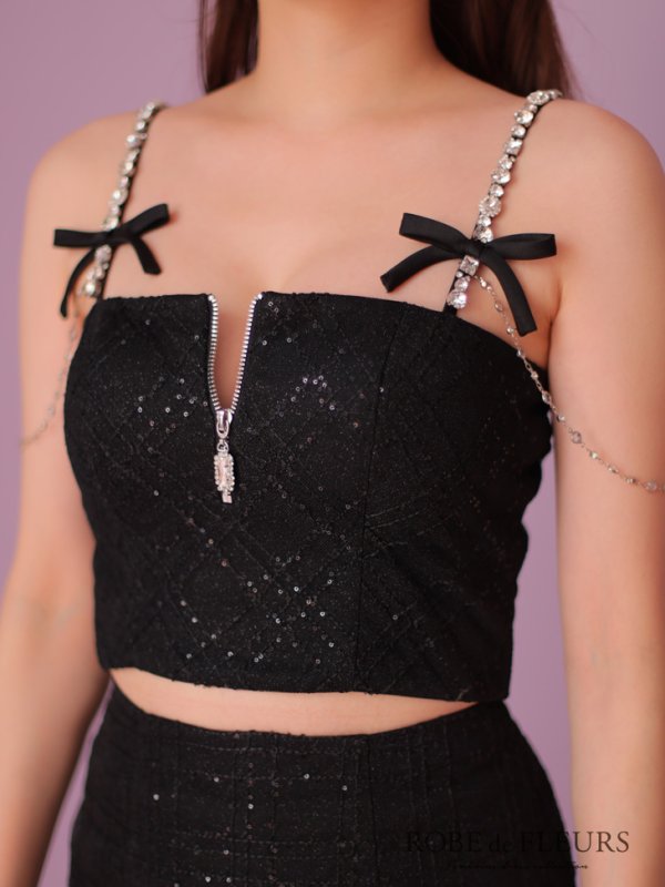 画像26: XSサイズあり【ROBE de FLEURS/ローブドフルール】スパンコール/ 刺繍レース/ フロントジップ/ キャミソール/ ショルダービジュー/ 台形スカート/ セットアップ/ ミニドレス/ キャバドレス[OF08] (26)