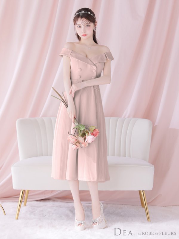 画像5: Lサイズあり【DEA./ディア】ダブルボタン/ サイドチュール/ オフショル/ ノースリーブ/ フレア/ ミディアムドレス/ キャバドレス[OF08] (5)