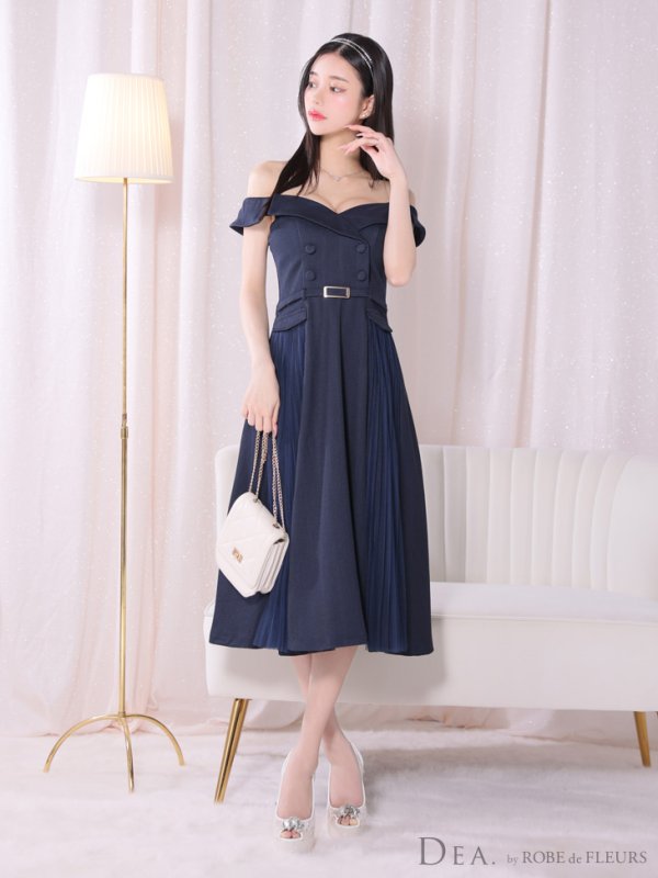 画像6: Lサイズあり【DEA./ディア】ダブルボタン/ サイドチュール/ オフショル/ ノースリーブ/ フレア/ ミディアムドレス/ キャバドレス[OF08] (6)