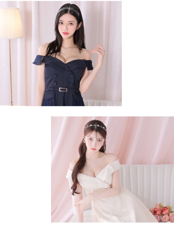 画像10: Lサイズあり【DEA./ディア】ダブルボタン/ サイドチュール/ オフショル/ ノースリーブ/ フレア/ ミディアムドレス/ キャバドレス[OF08] (10)