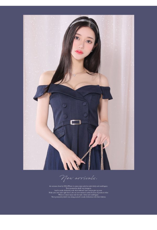 画像11: Lサイズあり【DEA./ディア】ダブルボタン/ サイドチュール/ オフショル/ ノースリーブ/ フレア/ ミディアムドレス/ キャバドレス[OF08] (11)