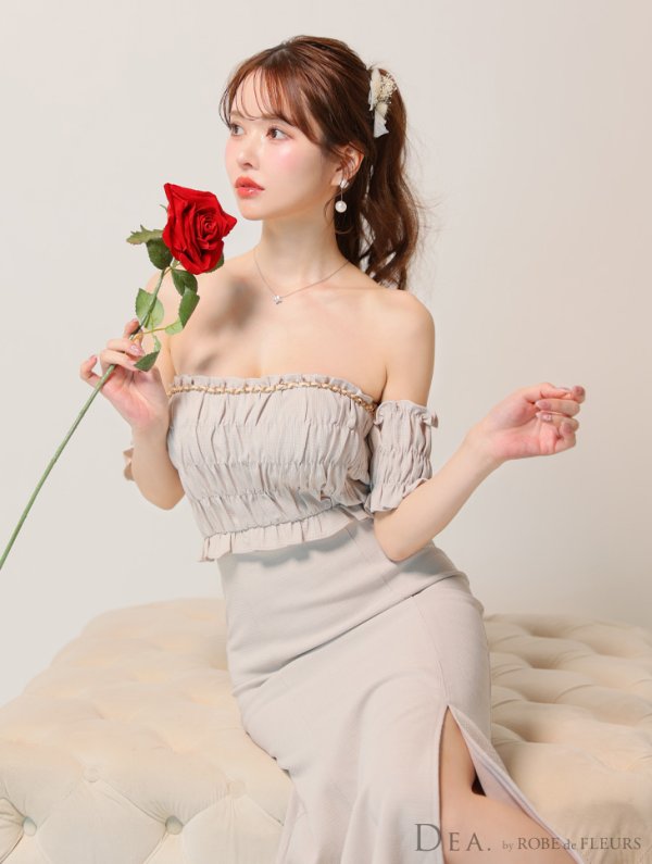 画像5: Lサイズあり【DEA./ディア】トップギャザー/ オフショル/ ラメ/ ワンカラー/ フレア/ ワンピース/ ロングドレス/ キャバドレス long[OF08] (5)