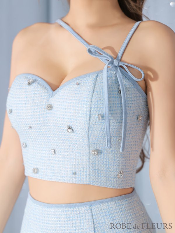 画像7: XSサイズあり【ROBE de FLEURS/ローブドフルール】ラメツイード/ アシメショルダー/ リボン/ ビジュー/ 台形スカート/ セットアップ/ ミニドレス/ キャバドレス[OF08] (7)