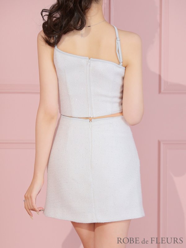 画像9: XSサイズあり【ROBE de FLEURS/ローブドフルール】ラメツイード/ アシメショルダー/ リボン/ ビジュー/ 台形スカート/ セットアップ/ ミニドレス/ キャバドレス[OF08] (9)