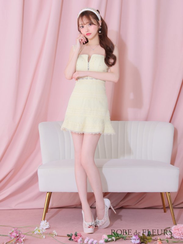 画像6: XSサイズあり【ROBE de FLEURS/ローブドフルール】肩レース/ ウエストビジュー/ スカラップレース/ フレア/ ノースリーブ/ ミニドレス/ キャバドレス[OF08] (6)