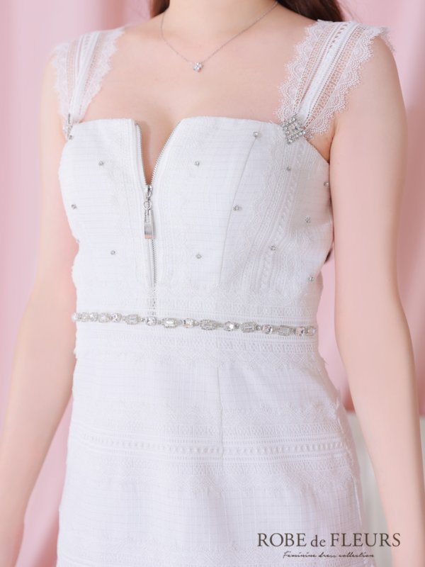 画像7: XSサイズあり【ROBE de FLEURS/ローブドフルール】肩レース/ ウエストビジュー/ スカラップレース/ フレア/ ノースリーブ/ ミニドレス/ キャバドレス[OF08] (7)