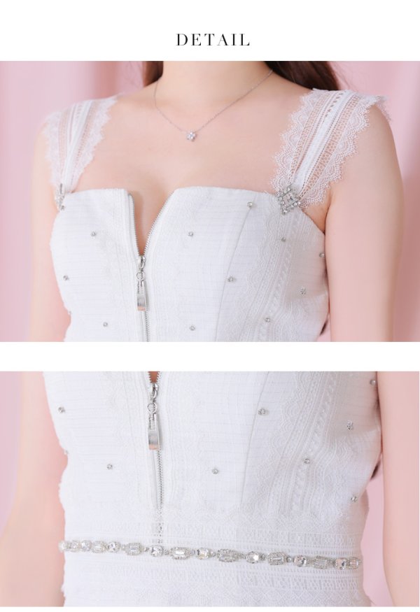 画像10: XSサイズあり【ROBE de FLEURS/ローブドフルール】肩レース/ ウエストビジュー/ スカラップレース/ フレア/ ノースリーブ/ ミニドレス/ キャバドレス[OF08] (10)