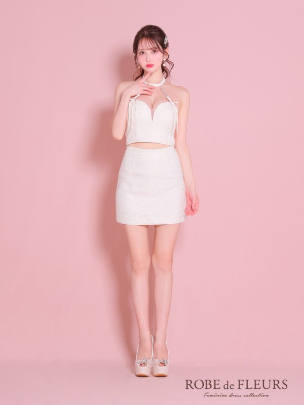 画像31: XSサイズあり【ROBE de FLEURS/ローブドフルール】スパンコール/ ツイード/ リボン/ ホルター/ セットアップ/ タイト/ ミニドレス/ キャバドレス[OF08] (31)